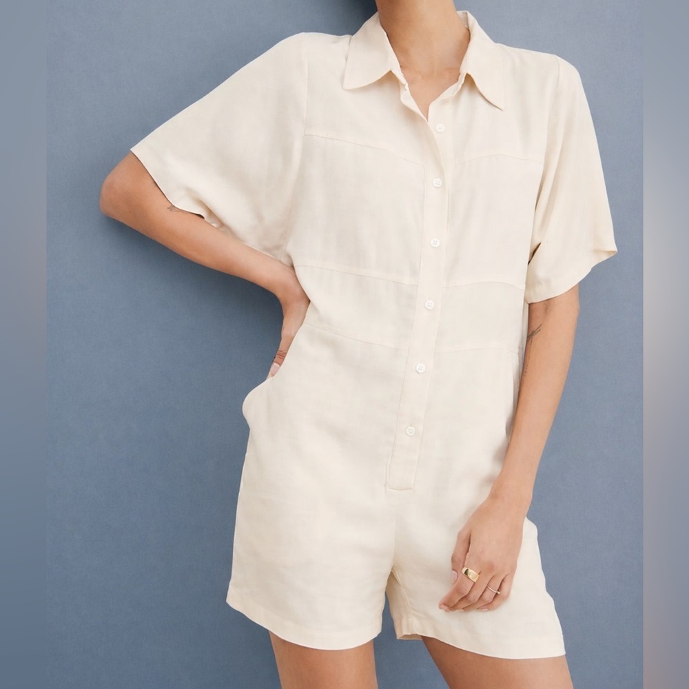 🆕🌱 GREYLIN Beige Utility Romper Shorts Button Front Collared Linen Blend XS